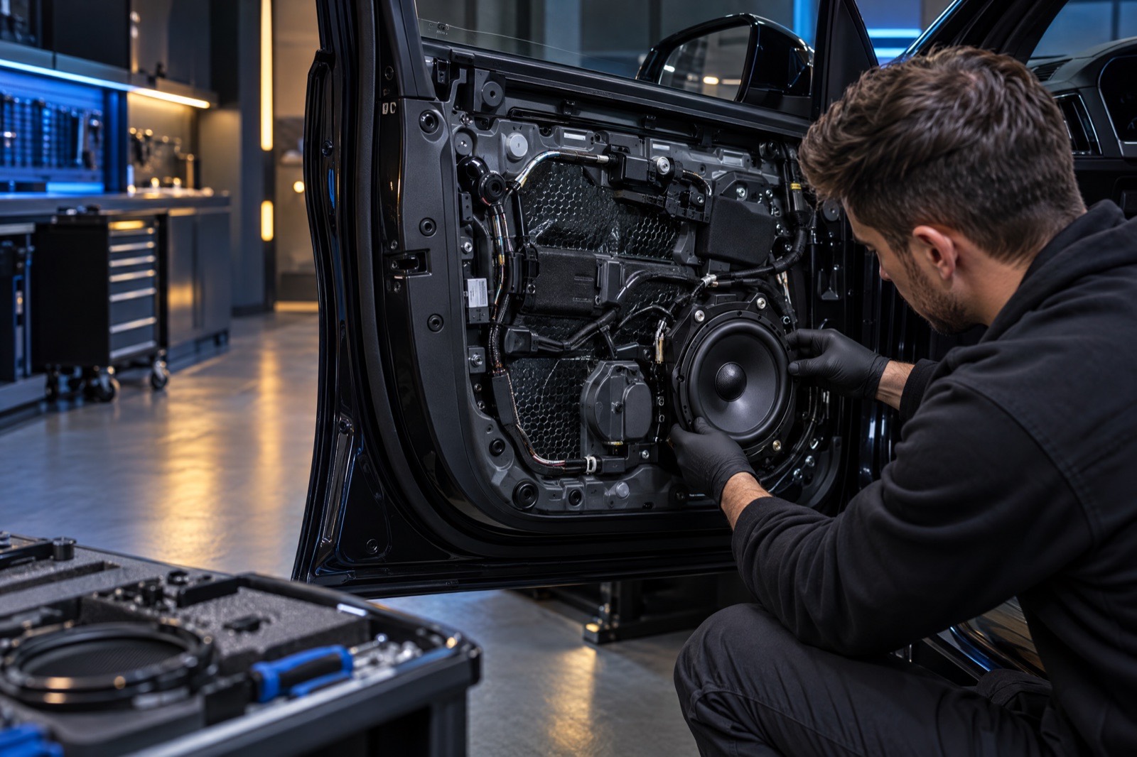 Car door speaker installation in progress
