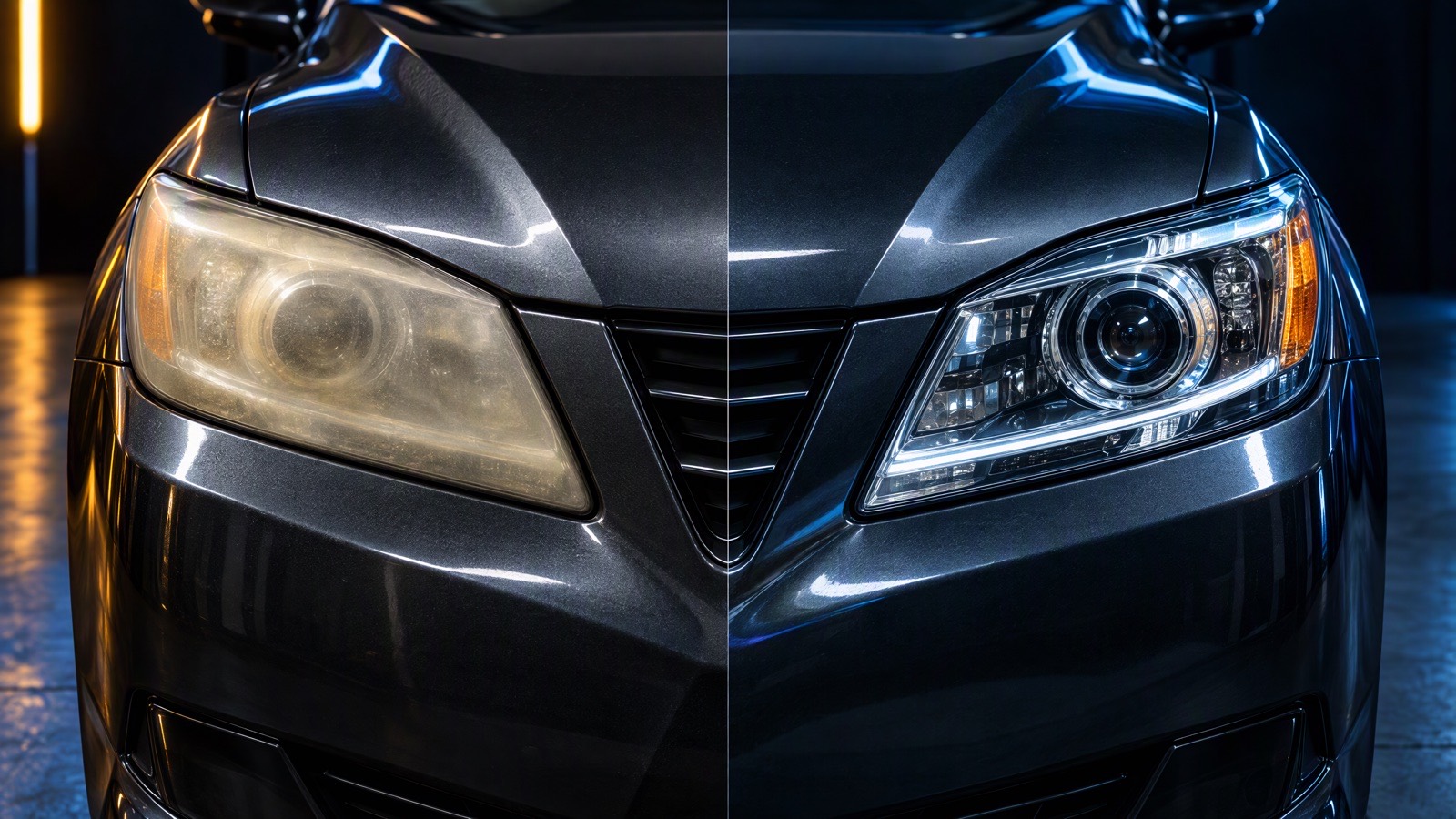 Illustrative comparison of oxidized and restored headlight lenses