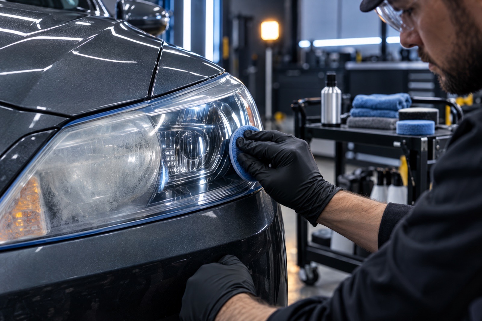 Technician polishing a car headlight lens