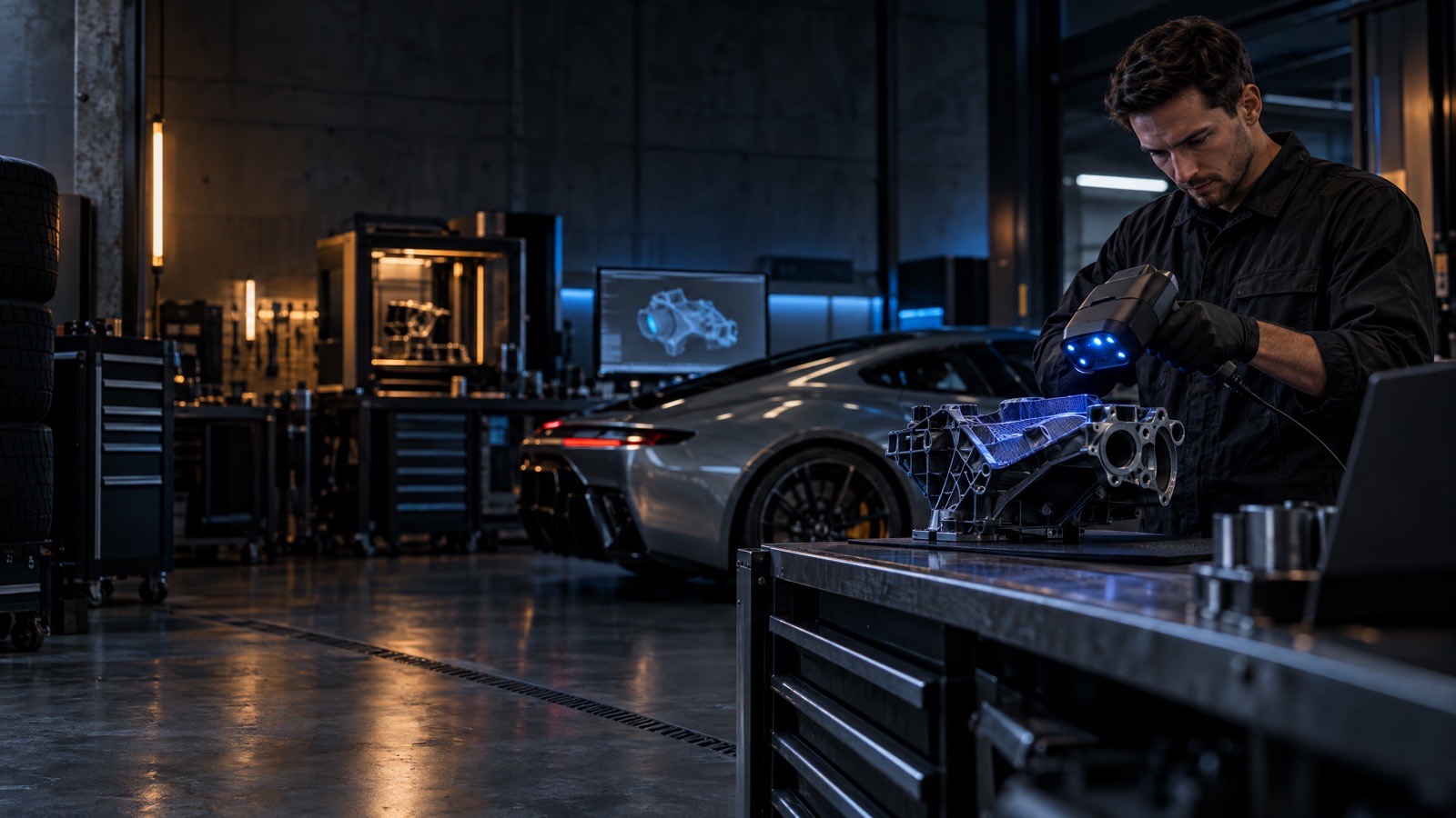 Technician 3D scanning an automotive component in a modern workshop